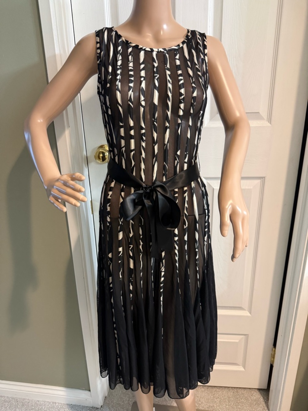 Y2K Black Mesh Striped Inserts Midi Dress Full Skirt Size S Whimsigoth Cocktail